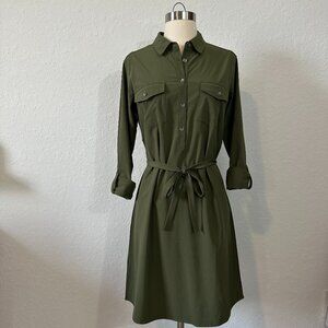 Eddie Bauer M Olive Green Belted Travex Departure Travel Shirt Dress Roll Sleeve